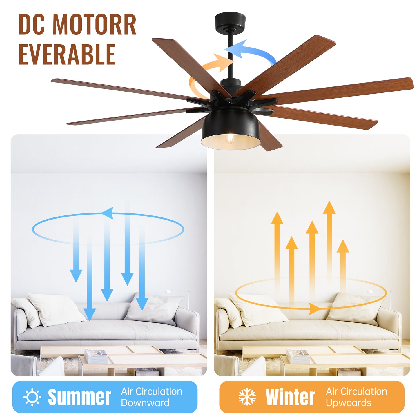 52 Inch Ceiling Fan With 6 Speed Wind 8 Dual Colors Blades Remote Control Reversible DC Motor With Light