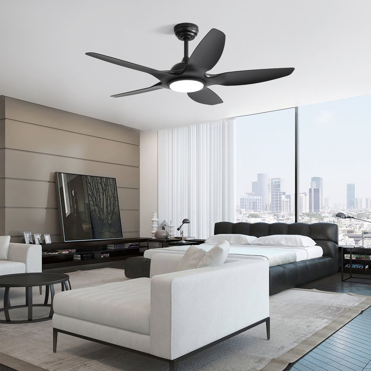 48 Inch Indoor Ceiling Fan With 5 Black ABS Blades Remote Control Reversible DC Motor For Living Room