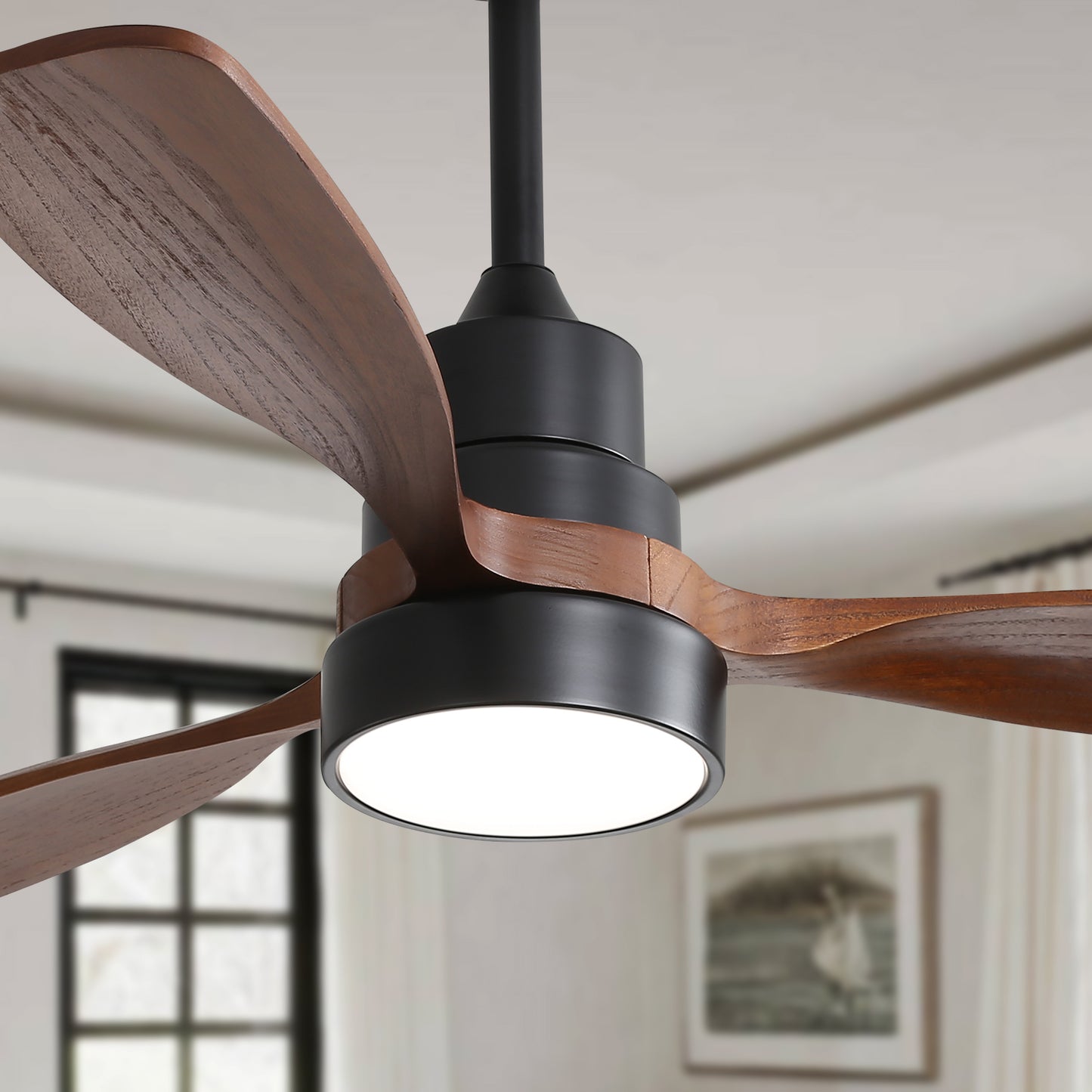 48 Inch Black Low Profile Ceiling Fan DC 3 Solid Wood Fan Blade Remote Control With Light