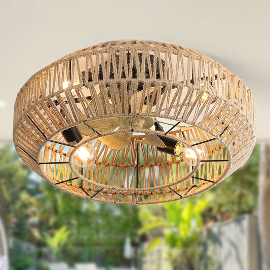 22 Inch New Boho Caged Ceiling Fan With Enclosed Rattan 6 Speeds Remote Control Reversible DC Motor For Living Room