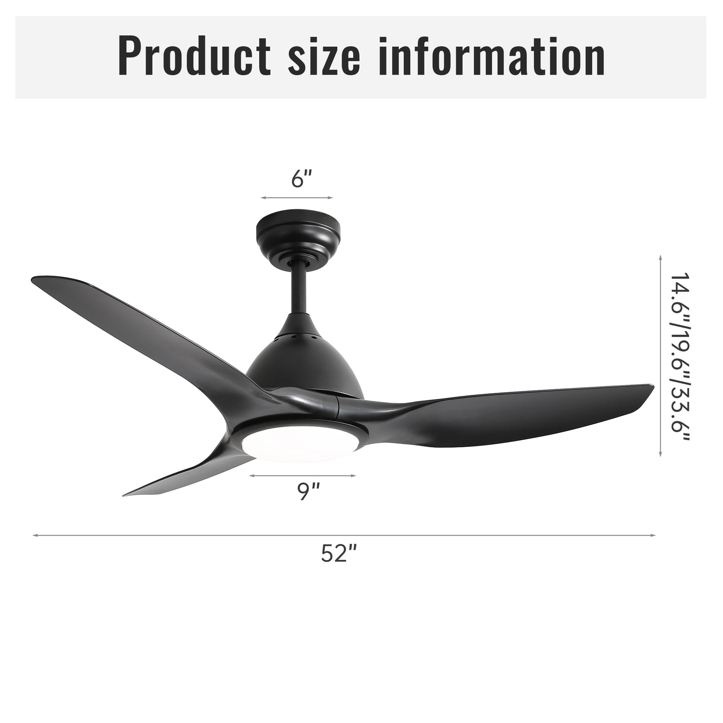 52 Inch Modern Ceiling Fan with 22W LED Light, 3 ABS Fan Blades DC Motor Black Ceiling Fan for Bedroom Living Room