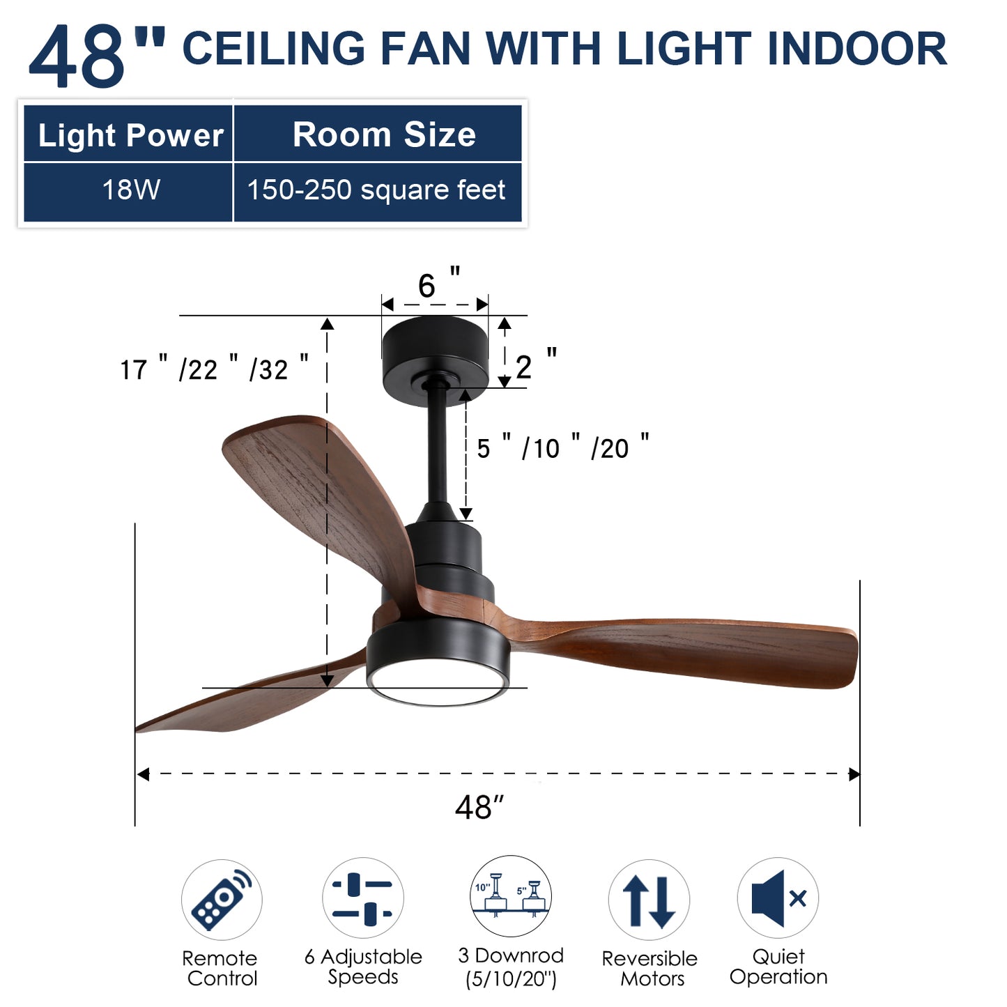 48 Inch Black Low Profile Ceiling Fan DC 3 Solid Wood Fan Blade Remote Control With Light